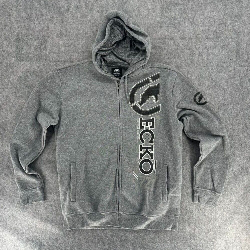 Vintage Y2K Ecko Unltd. Men's Gray Zip-Up Hoodie with Graphic XL
